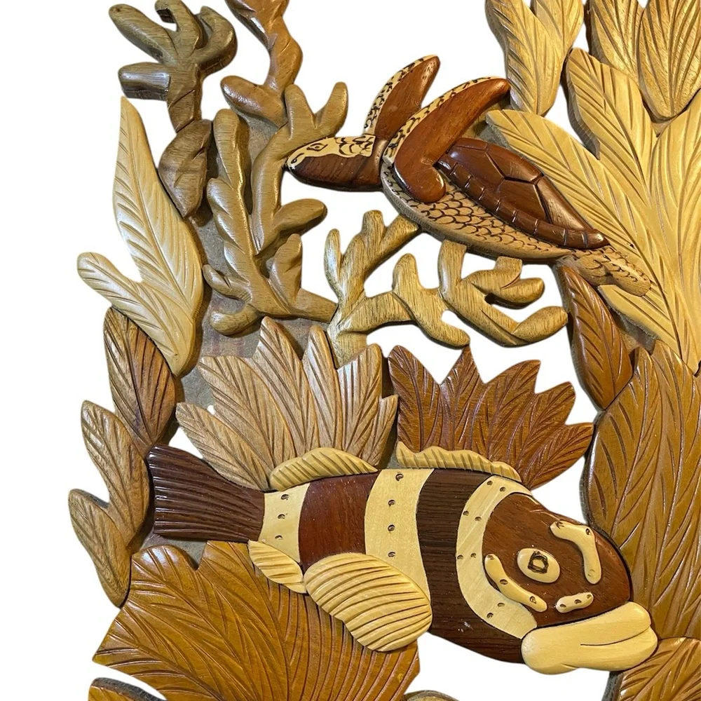 Vintage Fish Wood Carving Leaves Coral Art, Wall Decoration 100% Wood Handcrafte